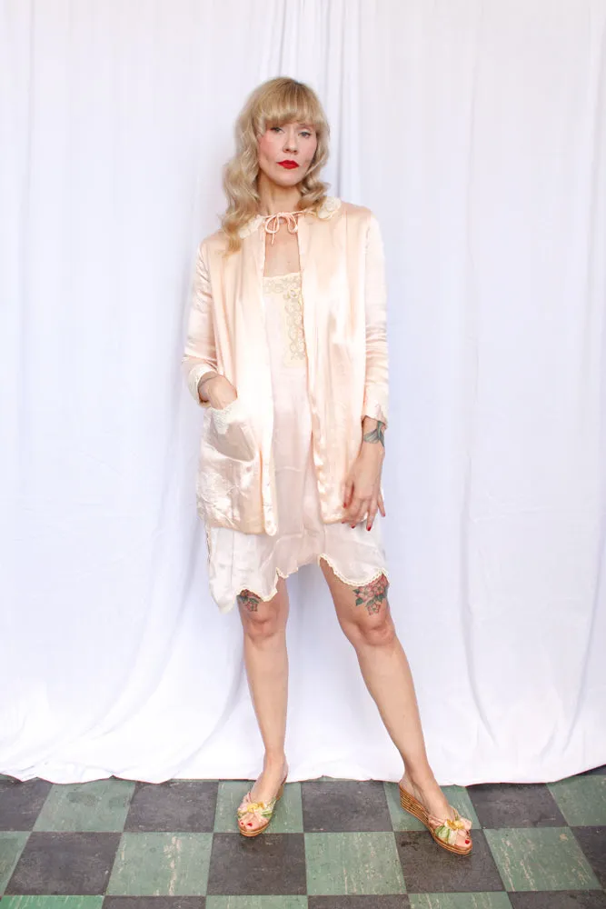1930s Silk Satin Bed Jacket with Wool Lining - Small