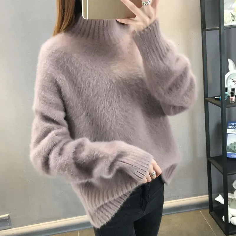 2025 Women's Thick Knitted Sweater – Loose-Fit Idle Style Pullover, Half Polo/Turtleneck Versatile Winter Top