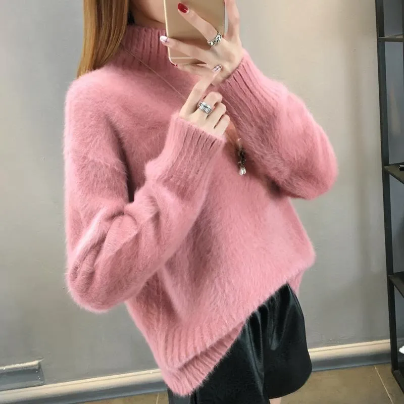 2025 Women's Thick Knitted Sweater – Loose-Fit Idle Style Pullover, Half Polo/Turtleneck Versatile Winter Top