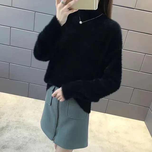 2025 Women's Thick Knitted Sweater – Loose-Fit Idle Style Pullover, Half Polo/Turtleneck Versatile Winter Top