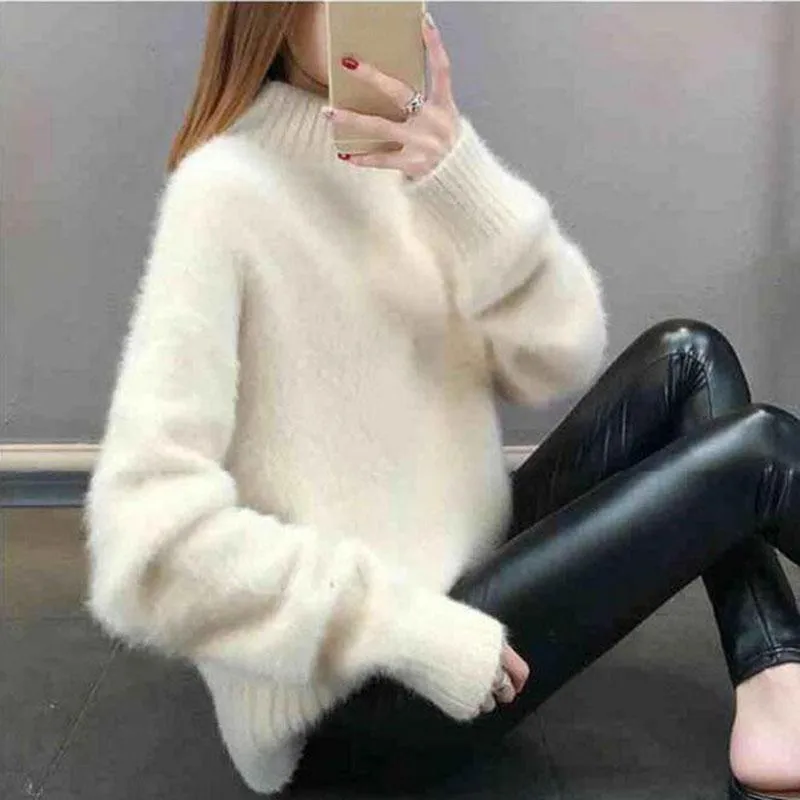 2025 Women's Thick Knitted Sweater – Loose-Fit Idle Style Pullover, Half Polo/Turtleneck Versatile Winter Top
