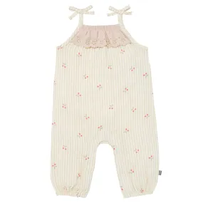 Baby Girls Beige Cherry Stripe Sleeveless Ruffle Romper