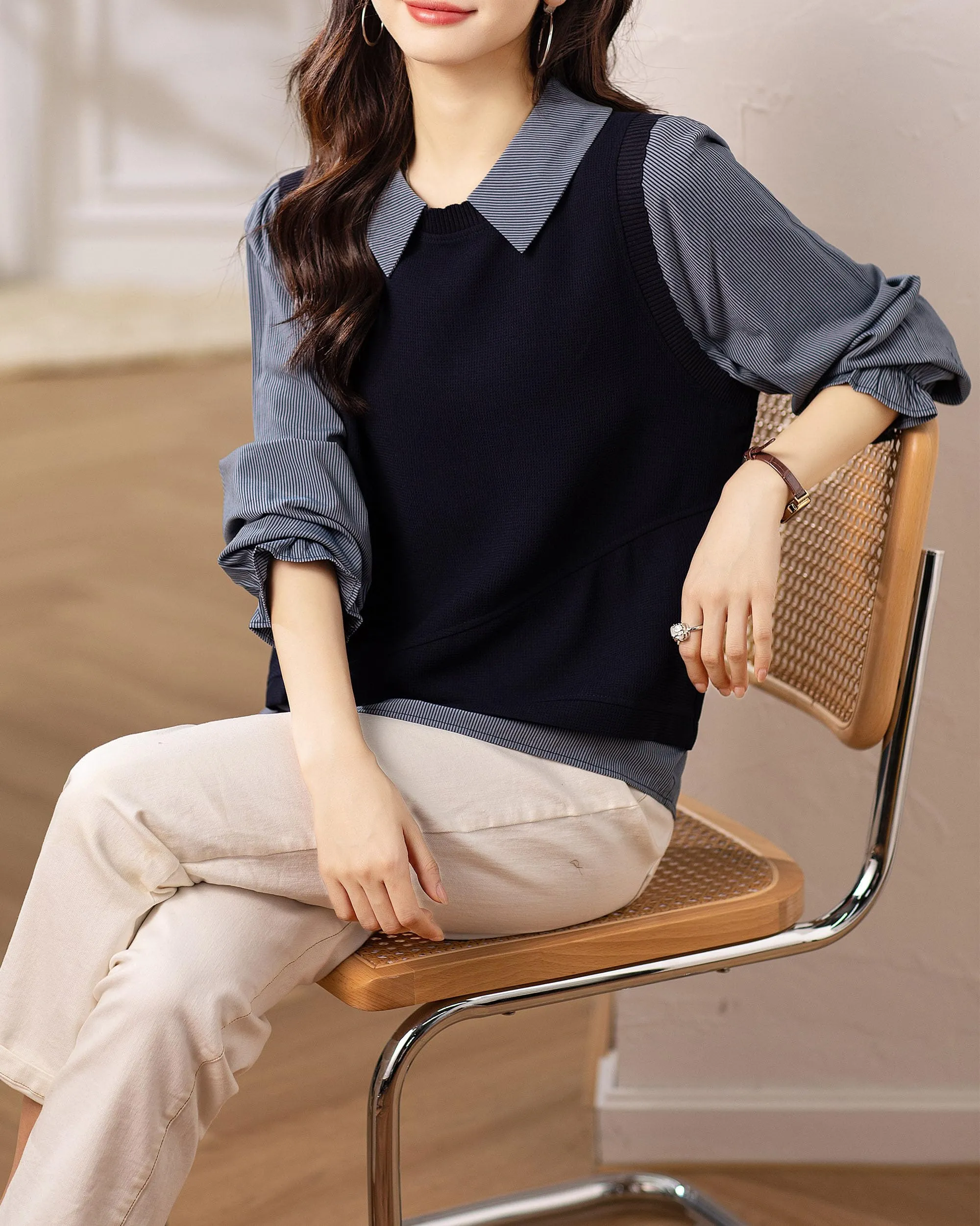BK-Long Sleeve Shirt Patchwork Blouse Top