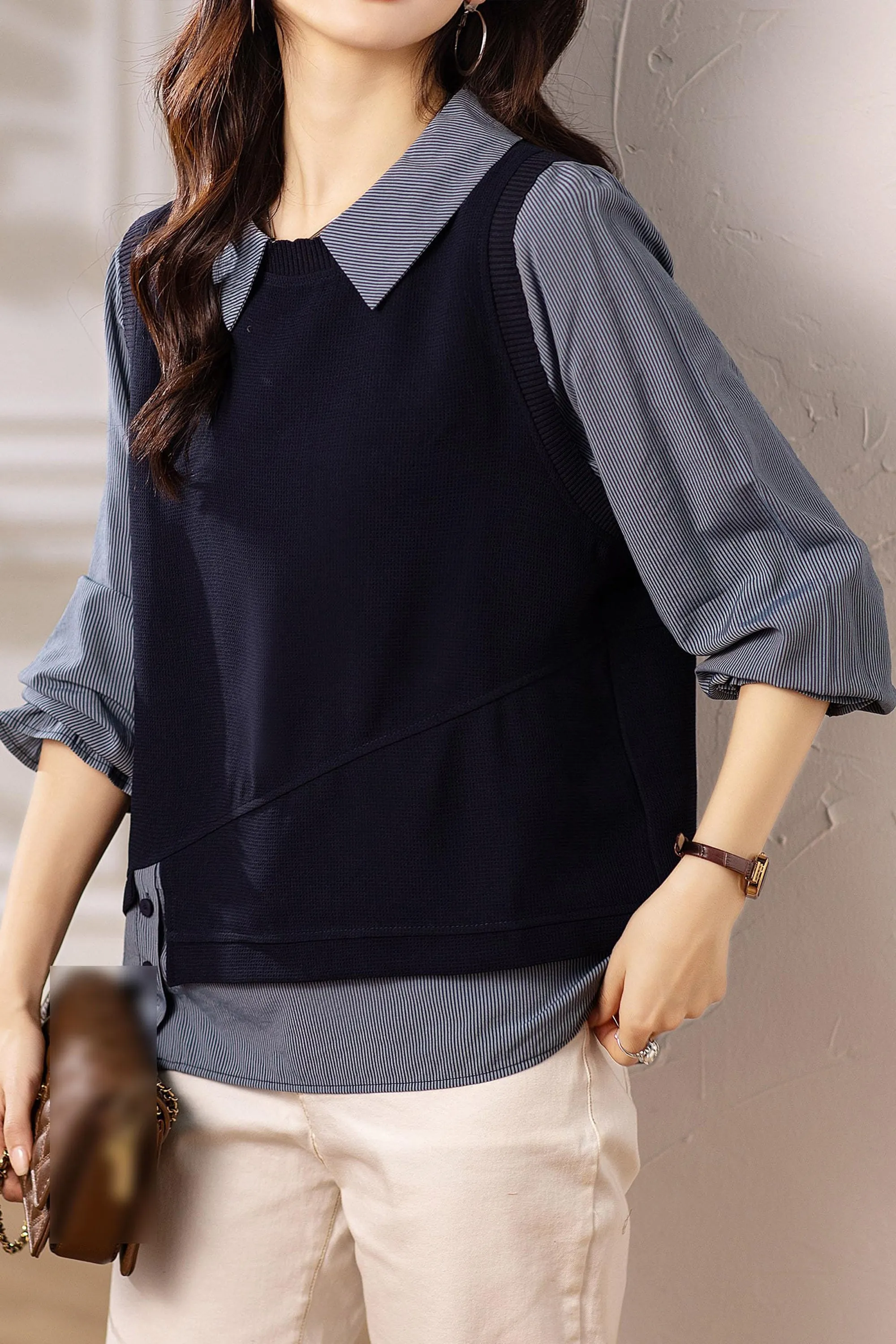 BK-Long Sleeve Shirt Patchwork Blouse Top
