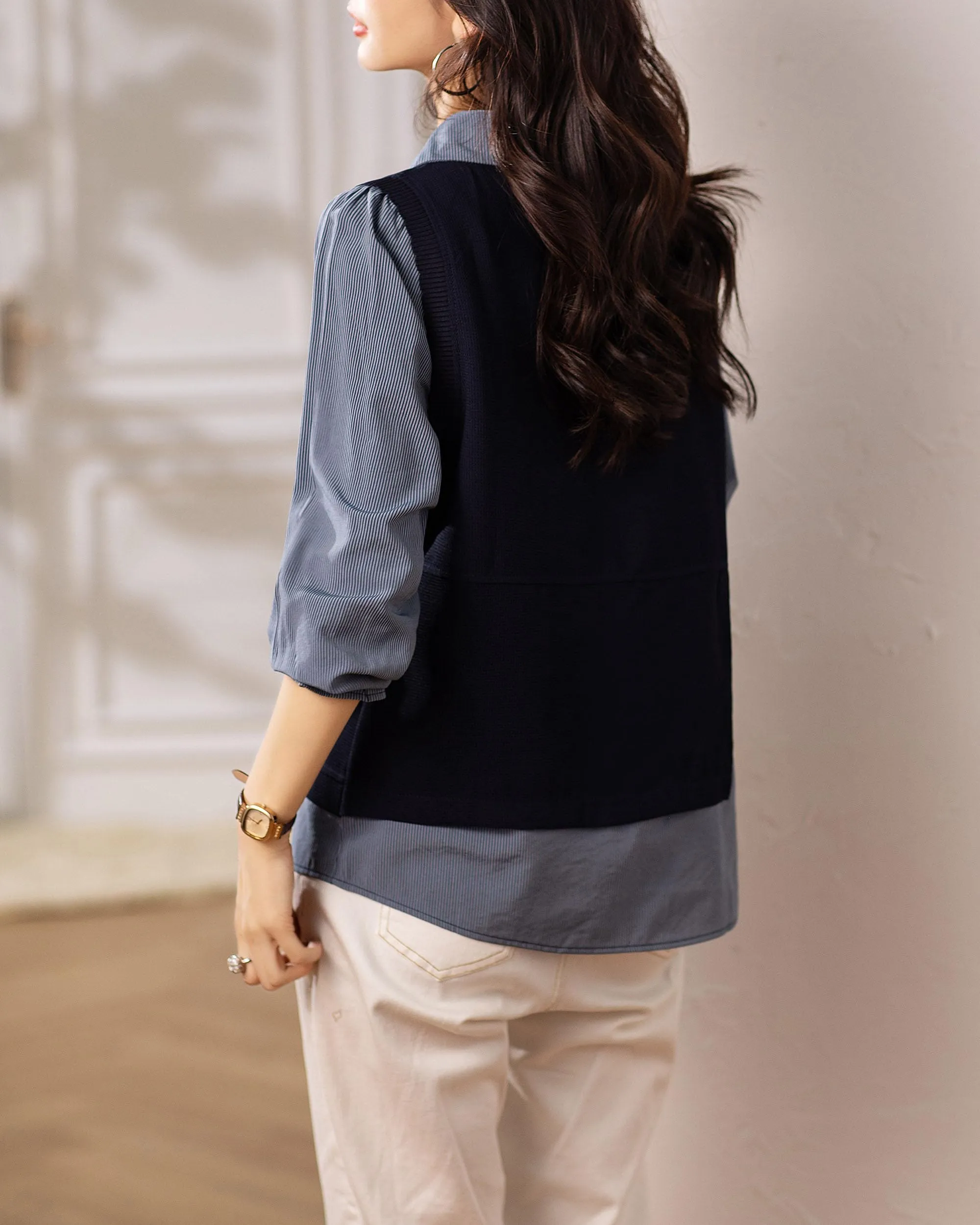 BK-Long Sleeve Shirt Patchwork Blouse Top