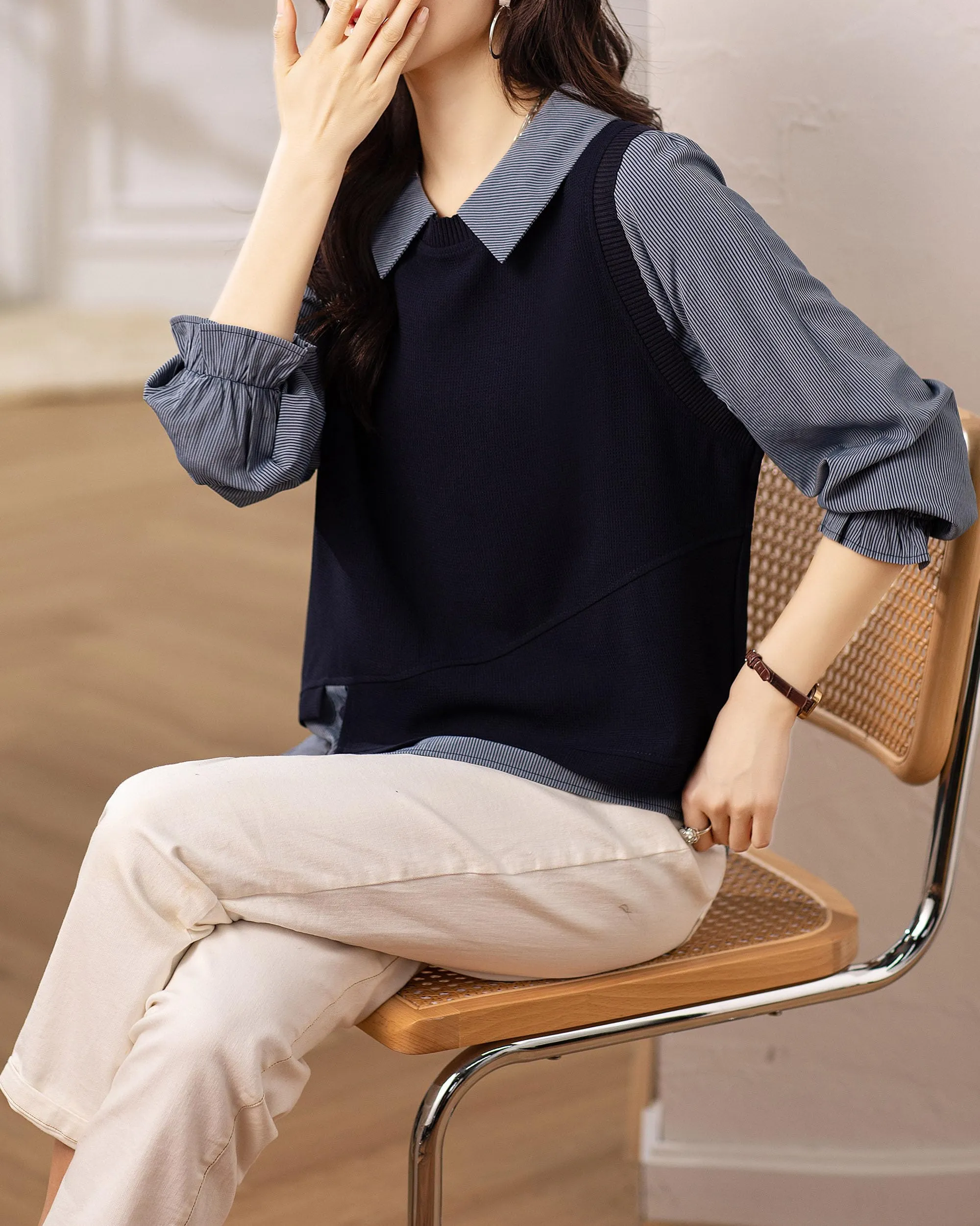 BK-Long Sleeve Shirt Patchwork Blouse Top