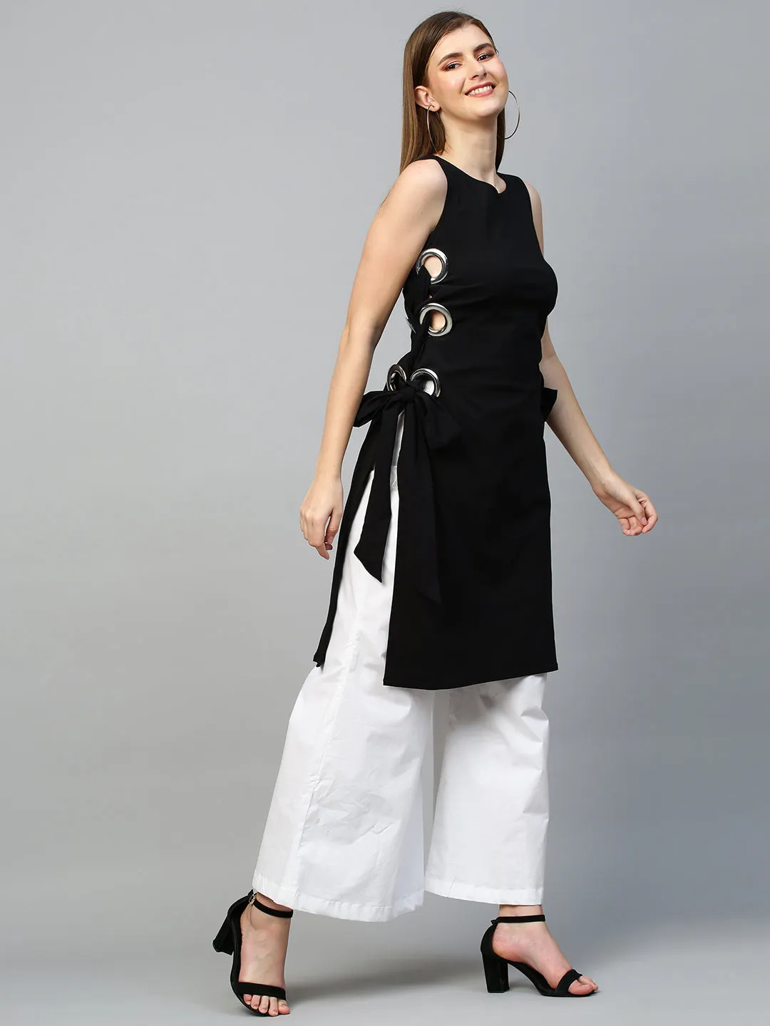 Black top with white pants cord set