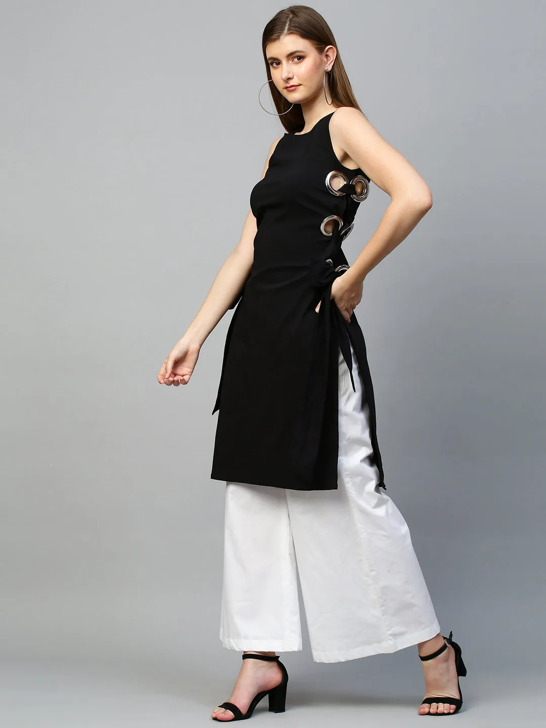 Black top with white pants cord set