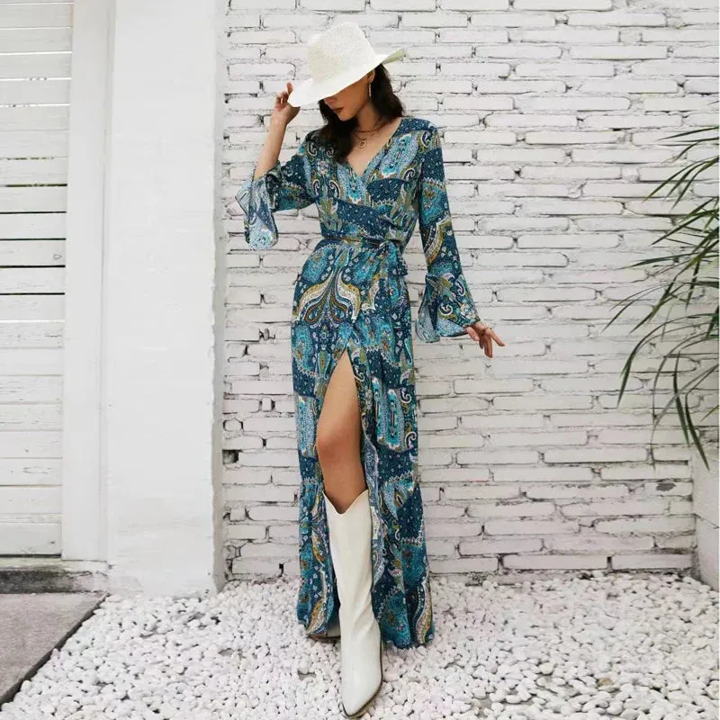 Blue Boho Long Sleeve Maxi Dress