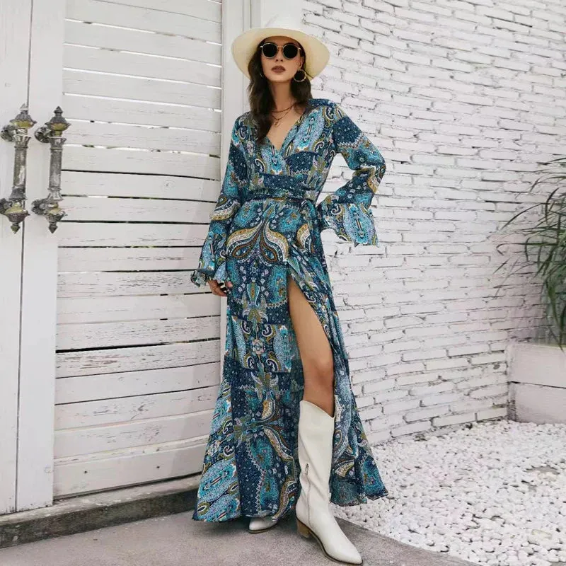 Blue Boho Long Sleeve Maxi Dress