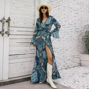 Blue Boho Long Sleeve Maxi Dress