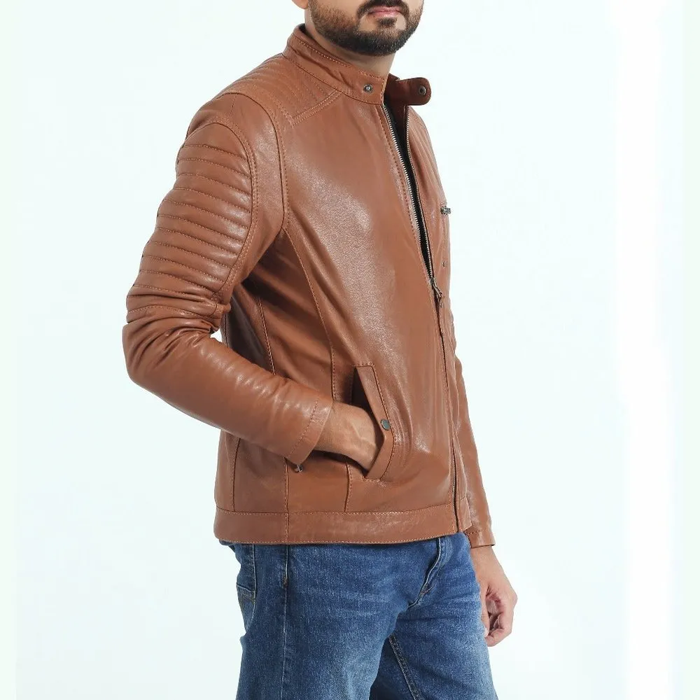 Brown Leather Jacket With Quilted Design on Arm