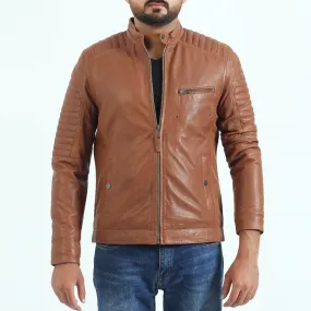 Brown Leather Jacket With Quilted Design on Arm