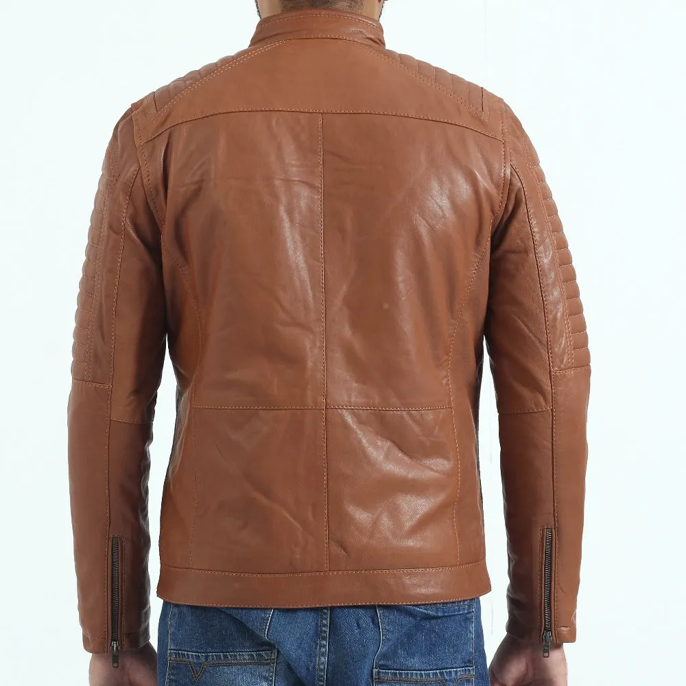 Brown Leather Jacket With Quilted Design on Arm