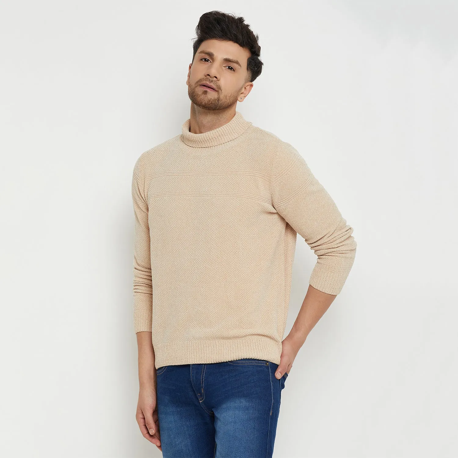 Camla Barcelona Solid Beige Turtleneck Sweater For Men