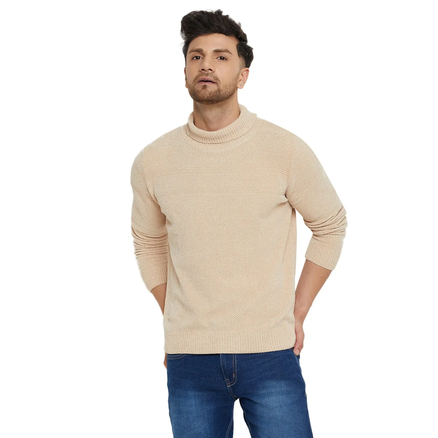 Camla Barcelona Solid Beige Turtleneck Sweater For Men