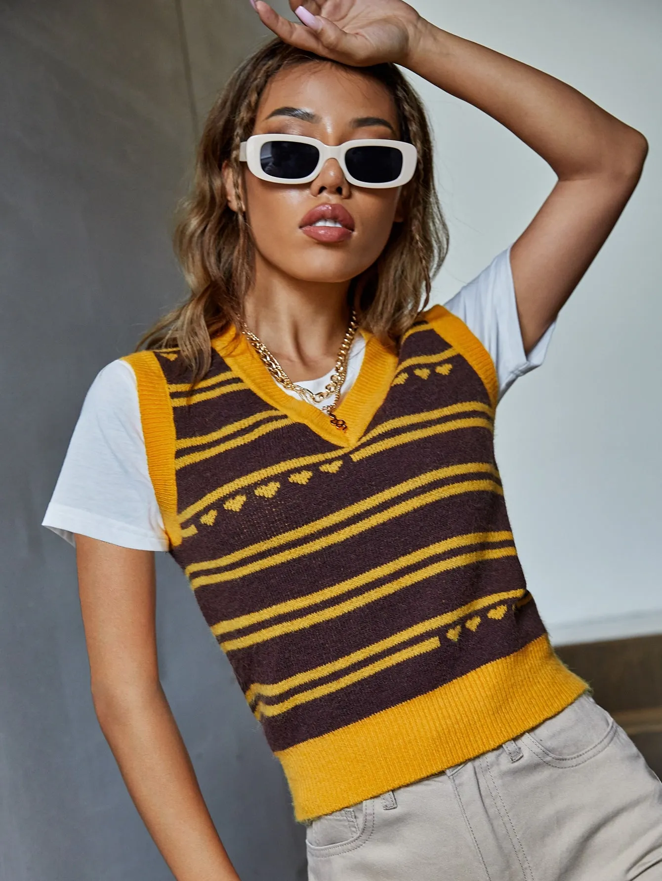 Casual Striped Sleeveless V Neck Crop Women Knit Top