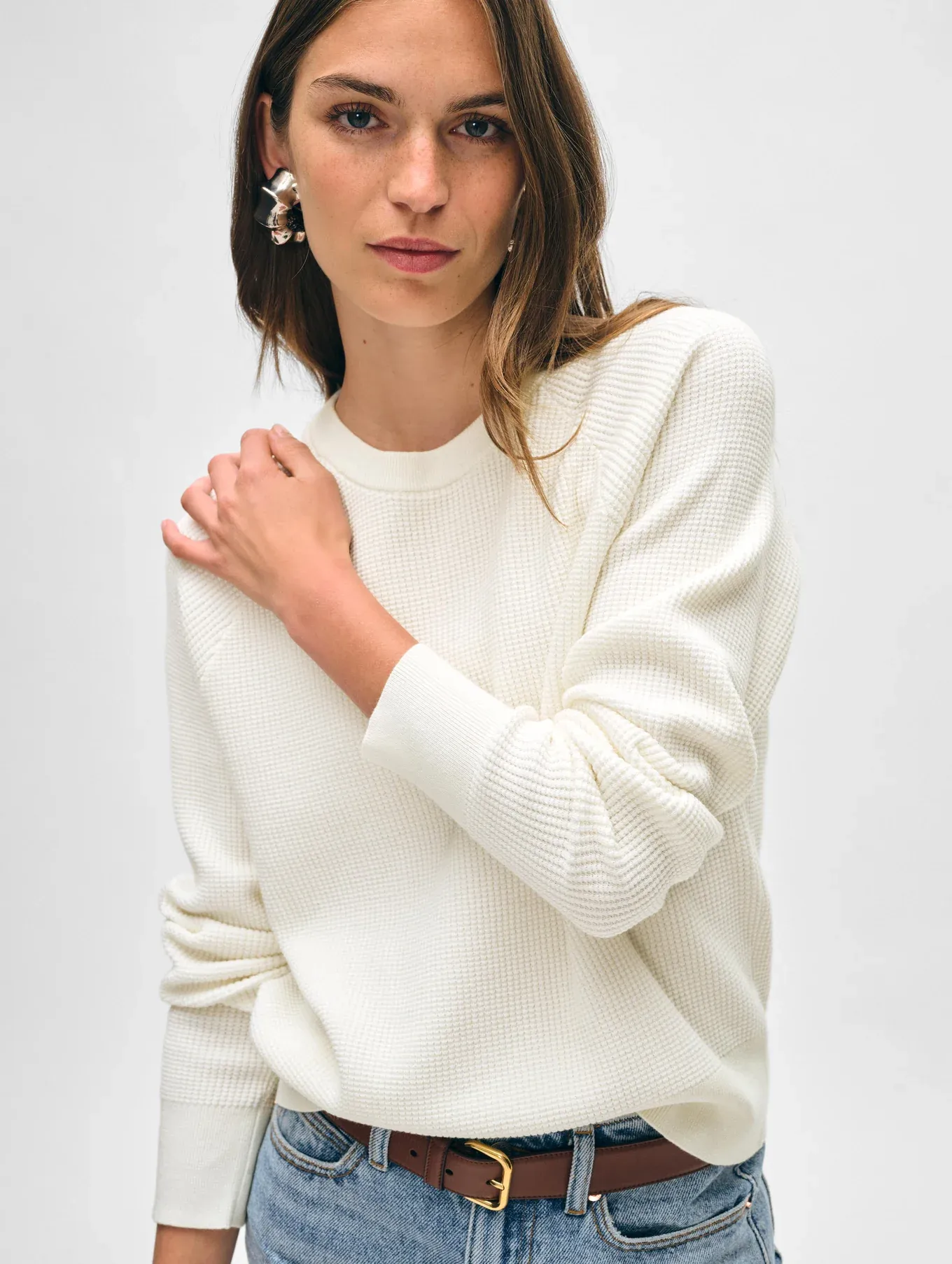 Cotton Blend Waffle Sweatshirt - White