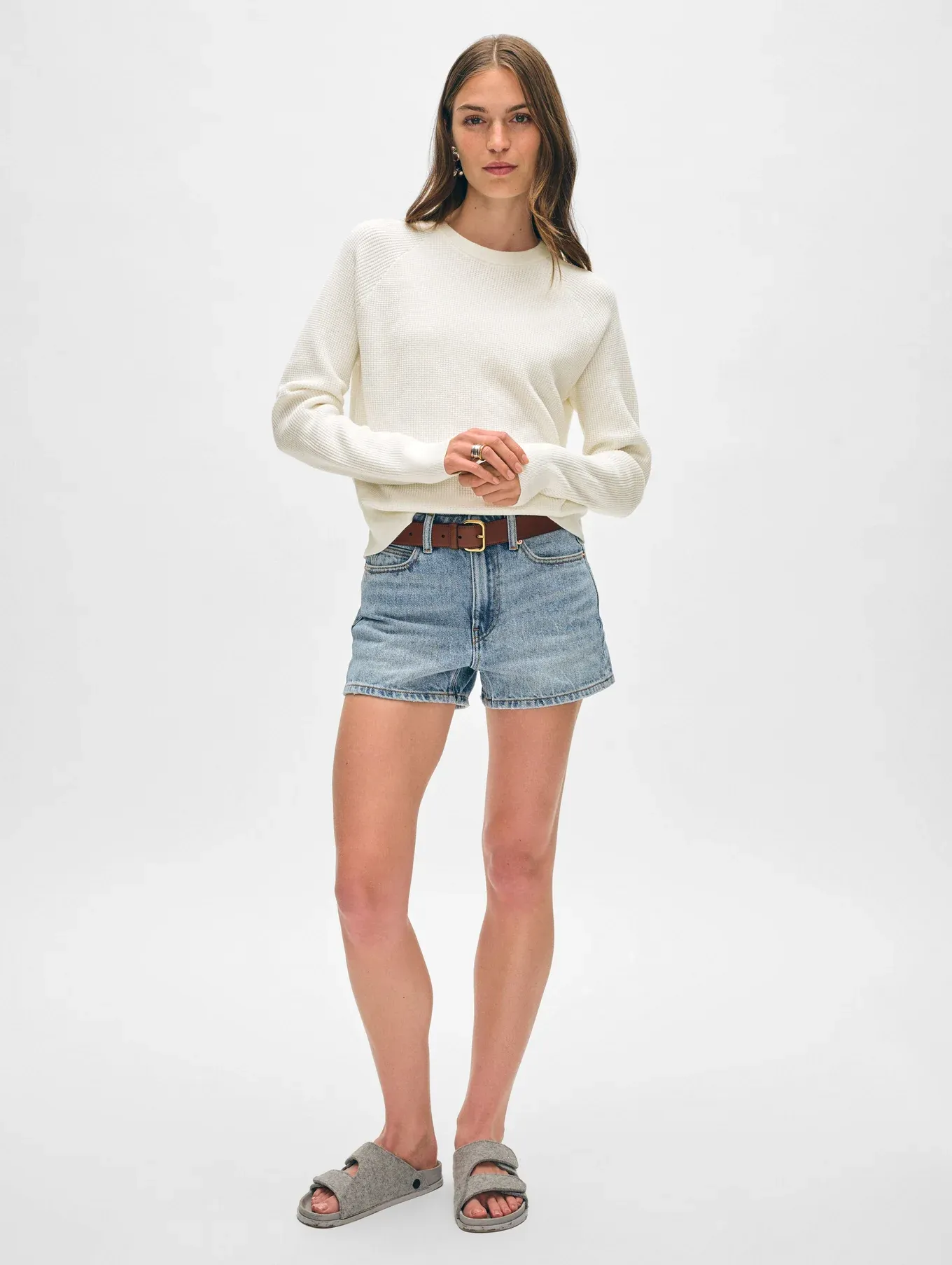 Cotton Blend Waffle Sweatshirt - White