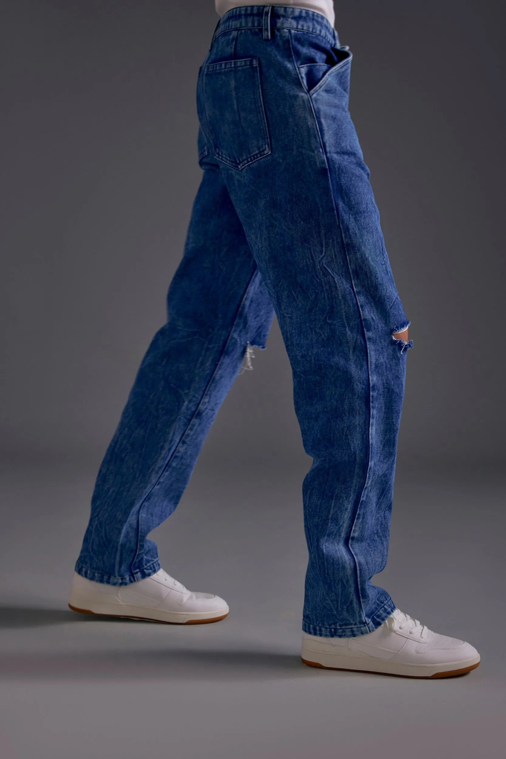 Dark Blue Knee-Cut Jeans