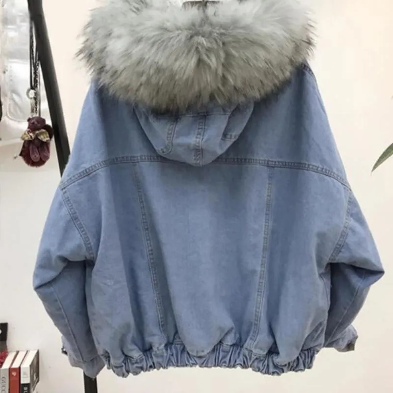 Denim Jeans Hooded Velvet Faux Fur Collar Padded Warm Jacket