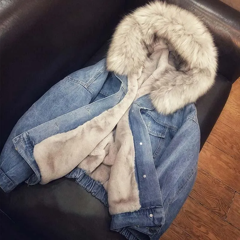 Denim Jeans Hooded Velvet Faux Fur Collar Padded Warm Jacket