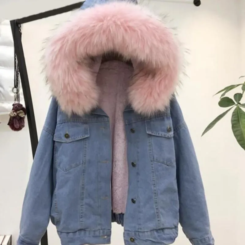 Denim Jeans Hooded Velvet Faux Fur Collar Padded Warm Jacket