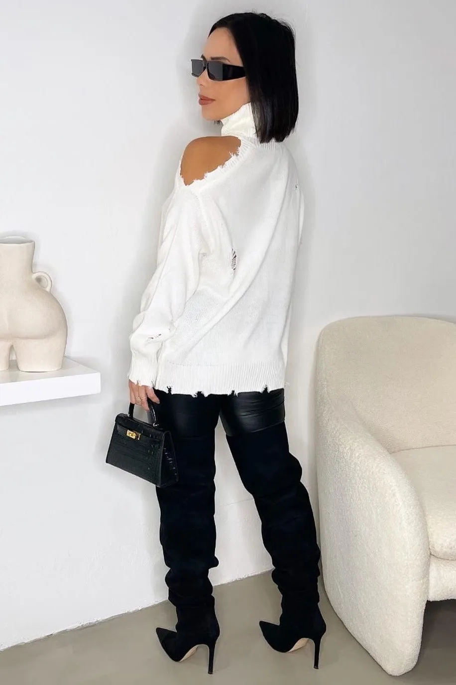 Distressed Turtleneck - White