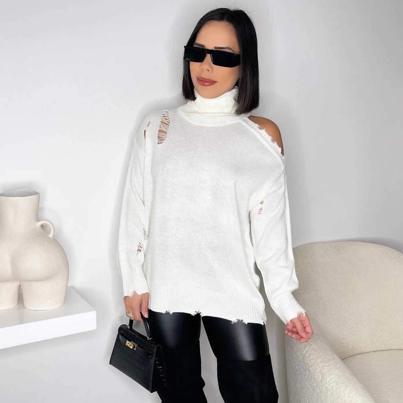 Distressed Turtleneck - White