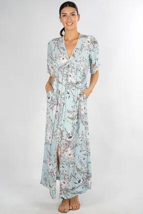 Floral Print Button Up Short Sleeve Maxi Dress