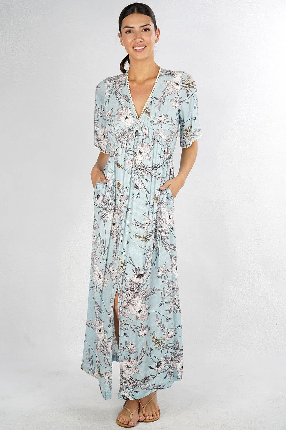 Floral Print Button Up Short Sleeve Maxi Dress