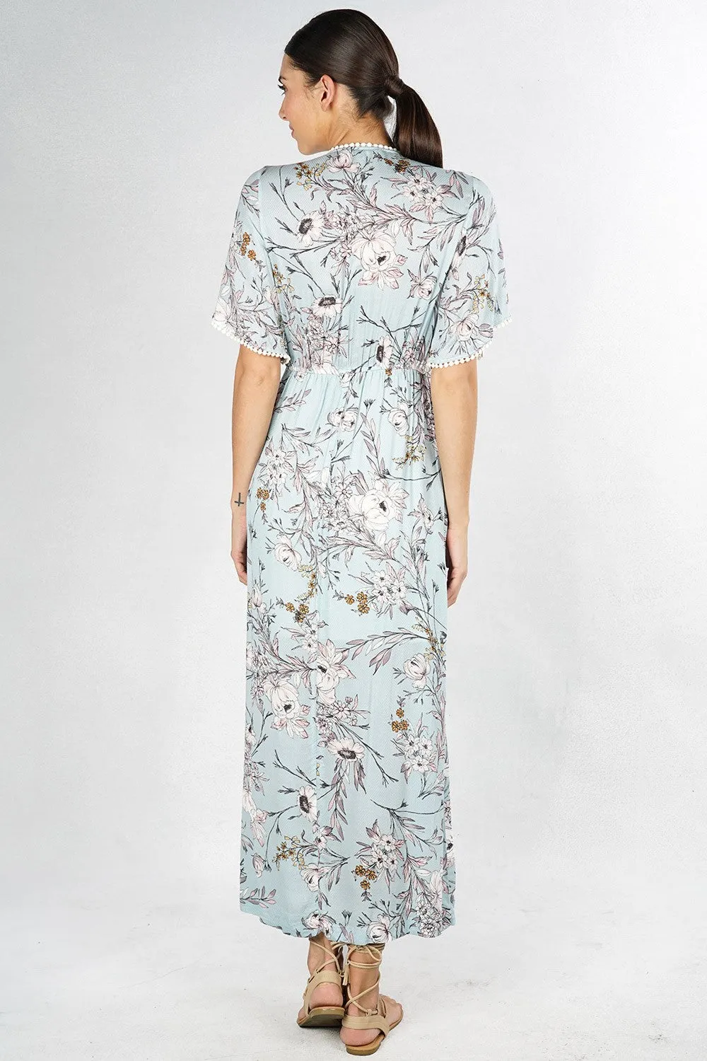 Floral Print Button Up Short Sleeve Maxi Dress