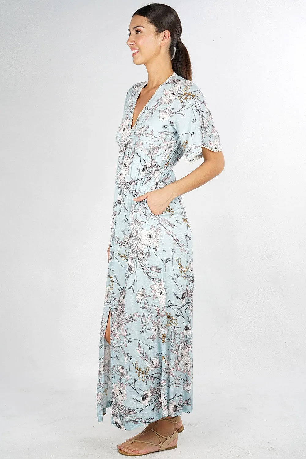 Floral Print Button Up Short Sleeve Maxi Dress