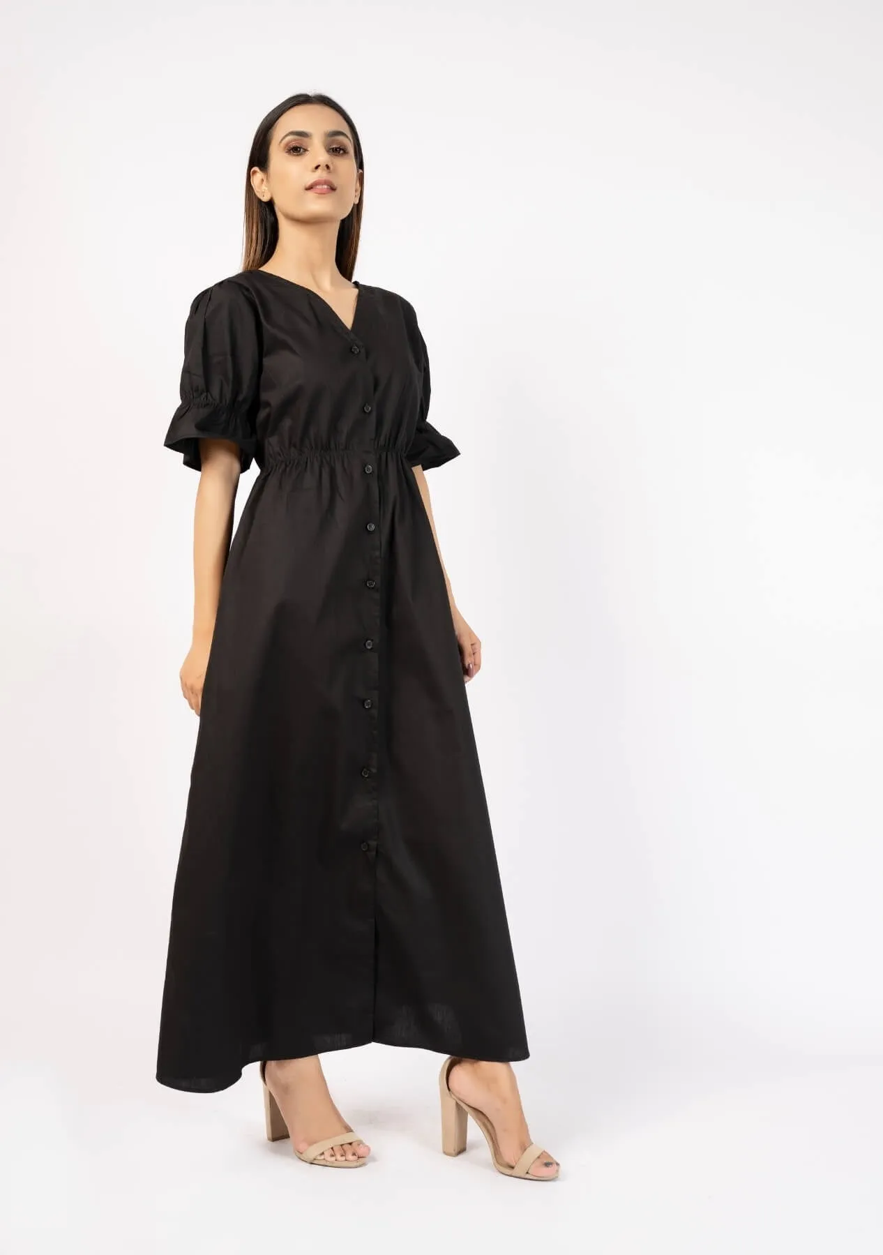 Front Button Maxi Dress - black