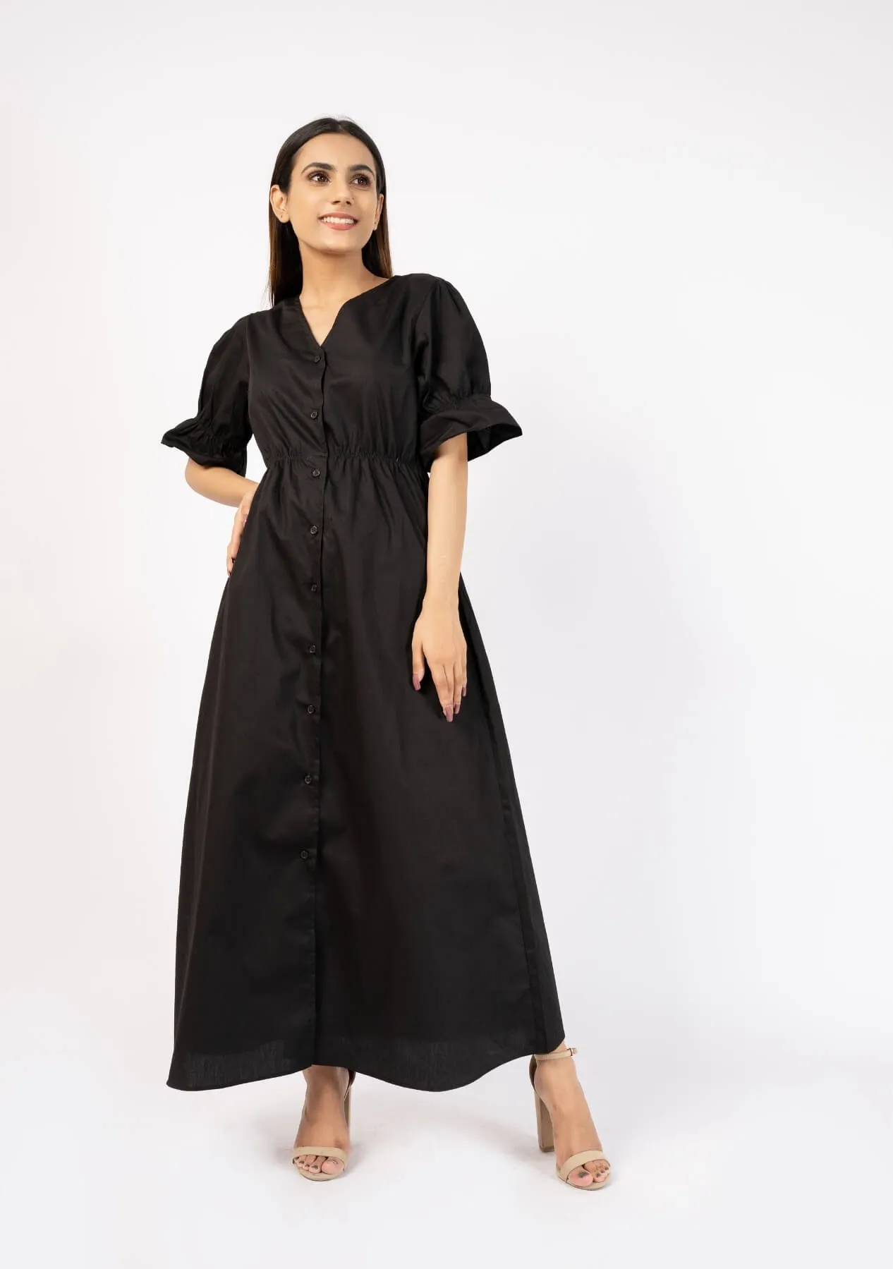 Front Button Maxi Dress - black