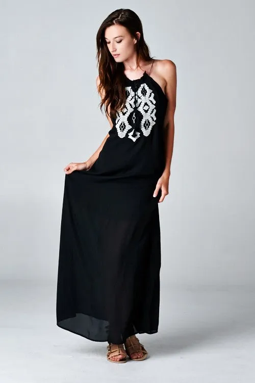 Gisele Embroidered Sleeveless Halter Maxi Dress