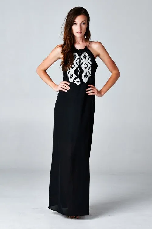 Gisele Embroidered Sleeveless Halter Maxi Dress