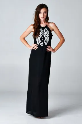 Gisele Embroidered Sleeveless Halter Maxi Dress