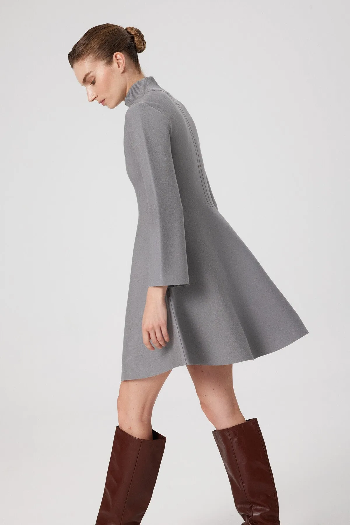 Gray Turtleneck Mini Flared Dress