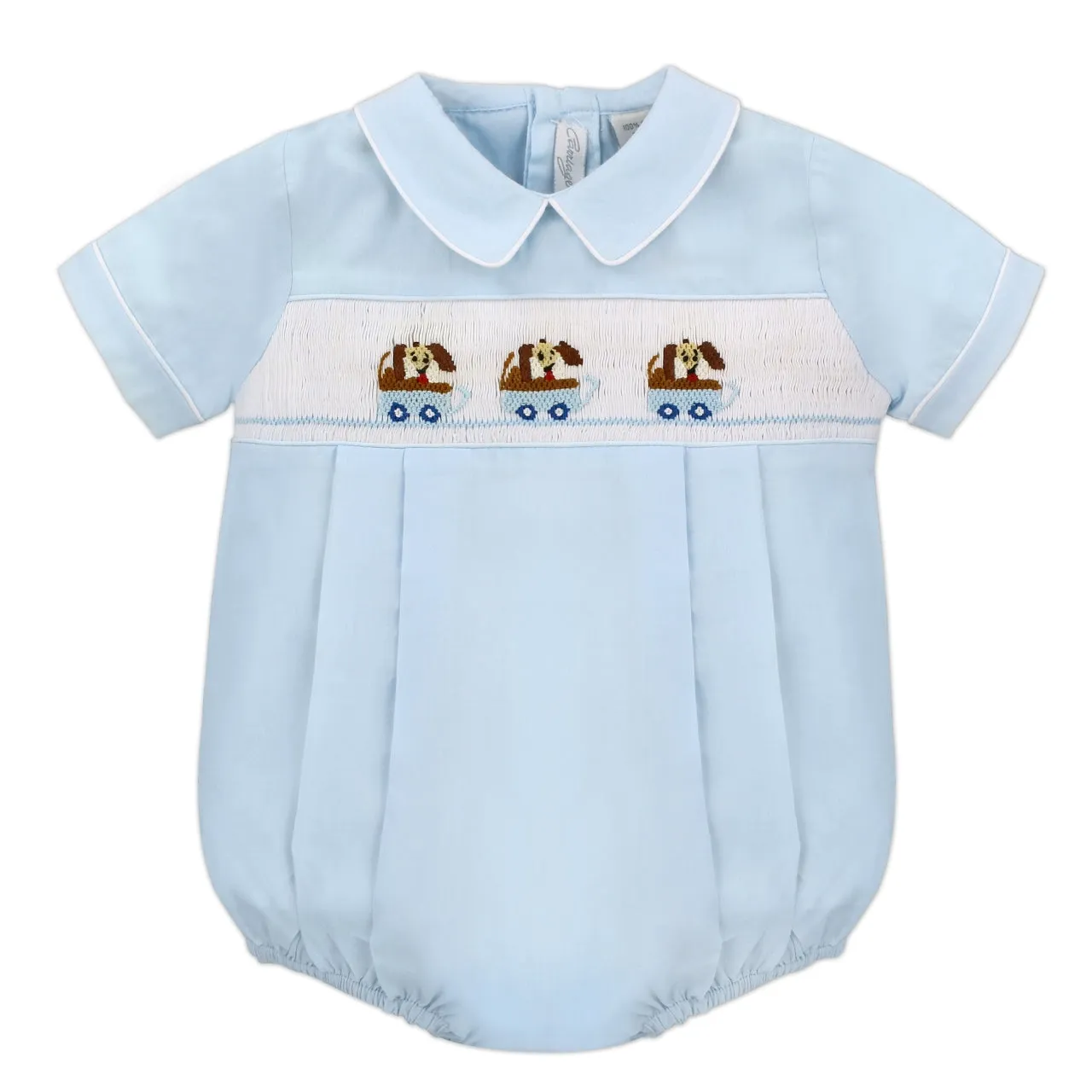 Hand Smocked Light Blue Dogs in Wagon Blue Baby Boy Bubble Romper