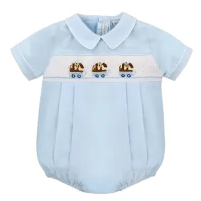 Hand Smocked Light Blue Dogs in Wagon Blue Baby Boy Bubble Romper