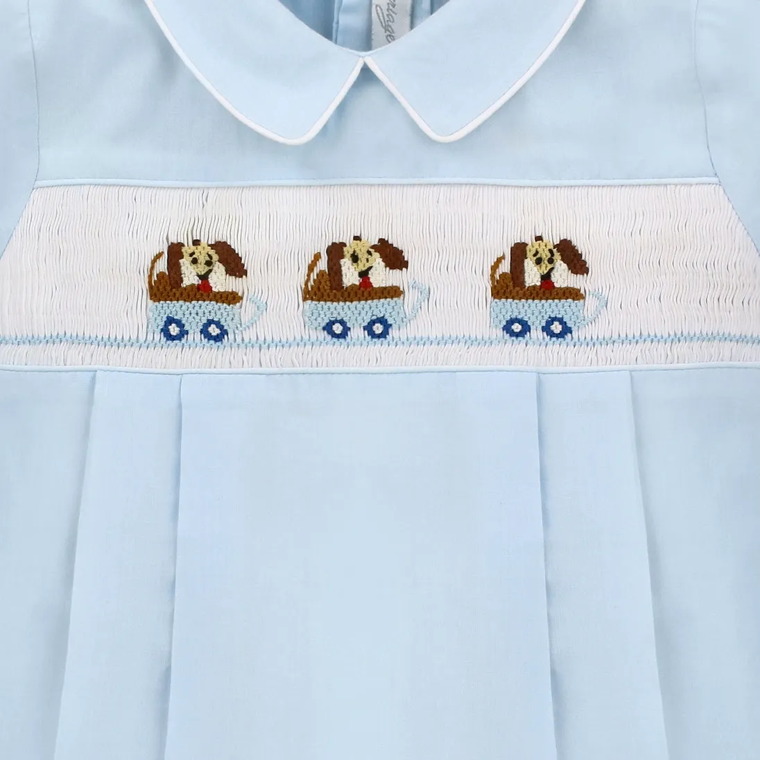 Hand Smocked Light Blue Dogs in Wagon Blue Baby Boy Bubble Romper
