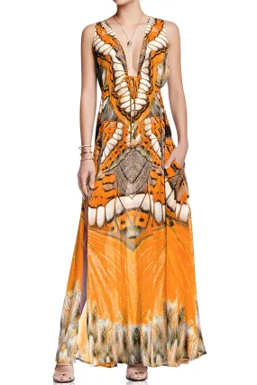 High Slit Floor Length Orange Dresses