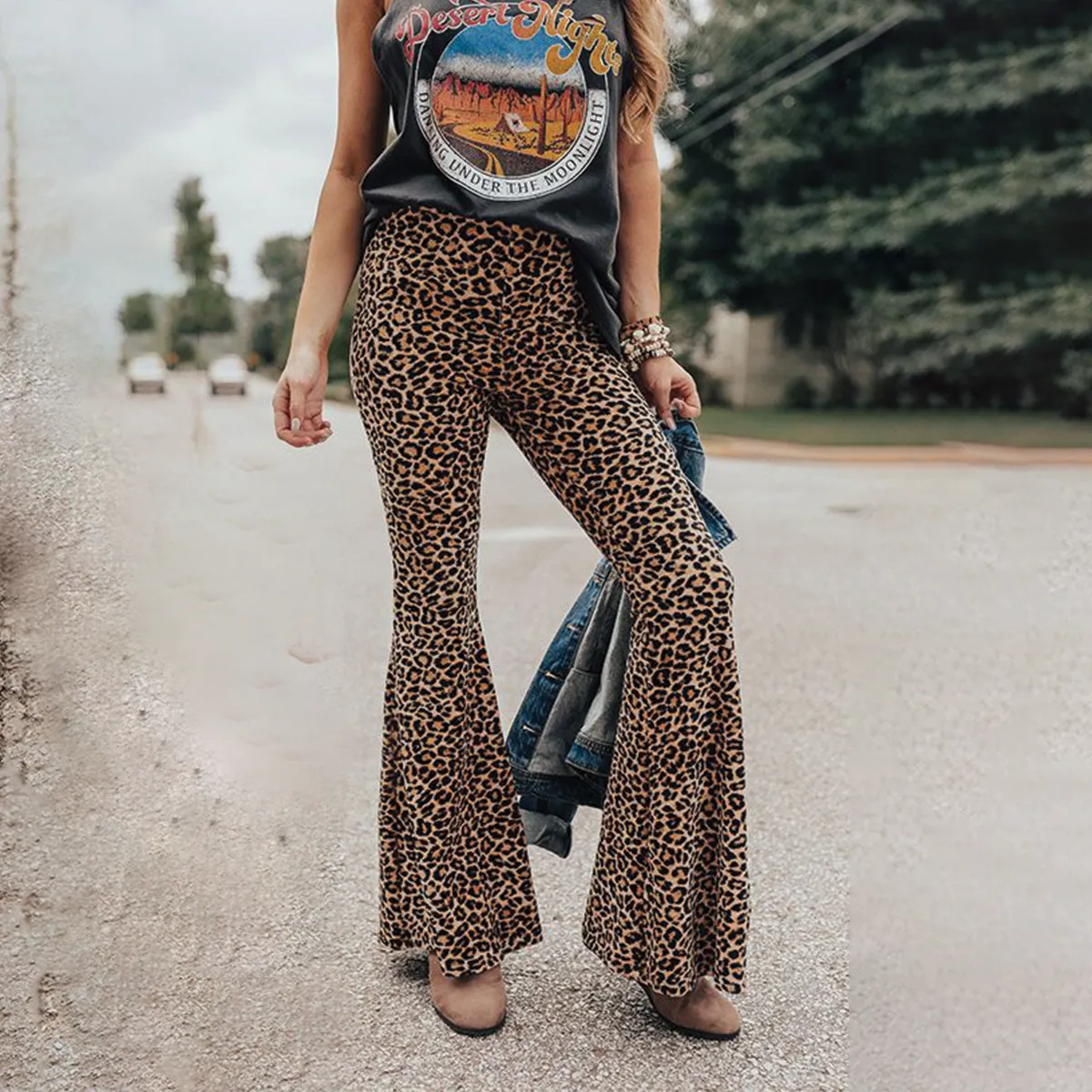 High Waisted Soft Touch Cheetah Print Flared Pants