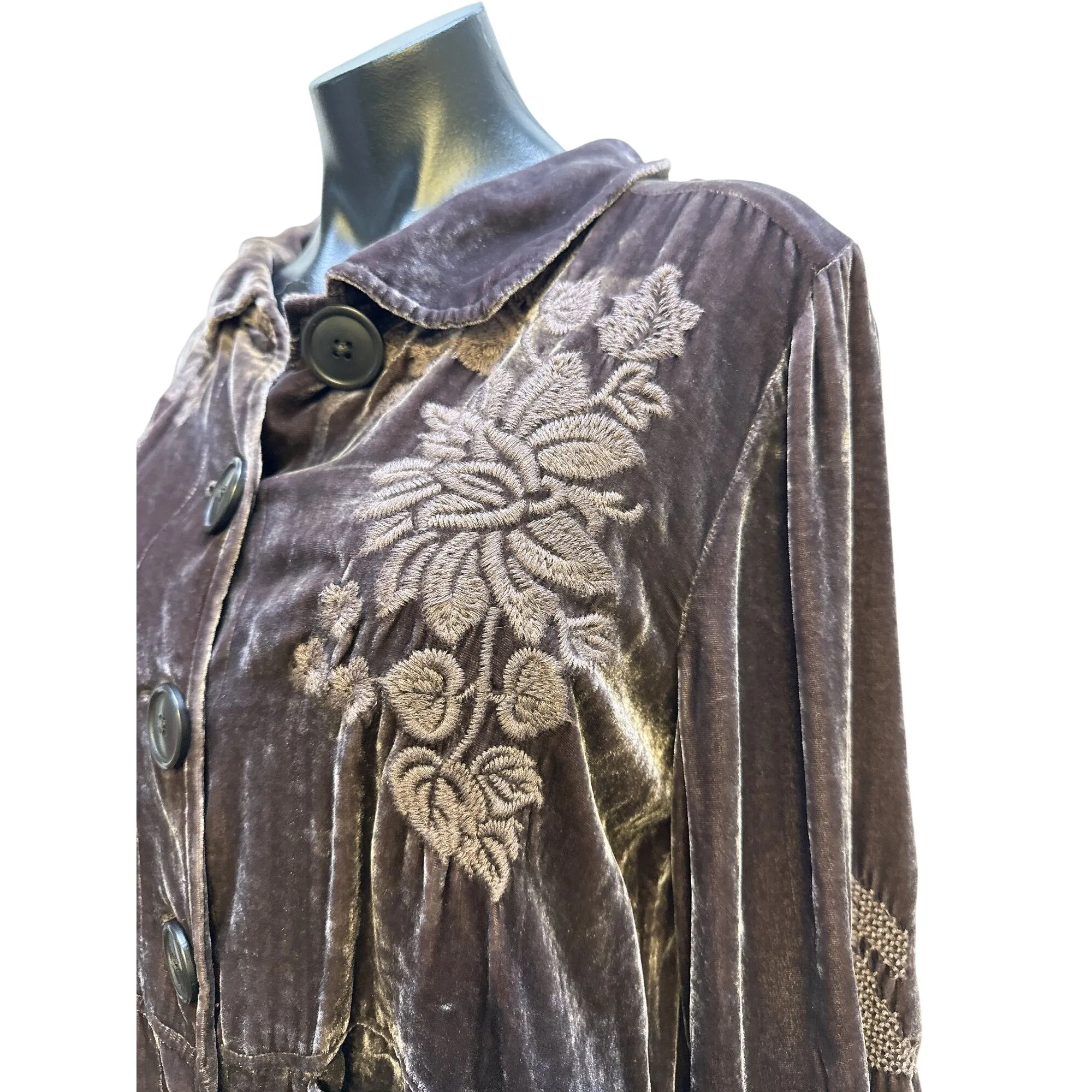Johnny Was Bohemian Style Velvet Embroidered Jacket w/Floral & Chevron Patterns Size M