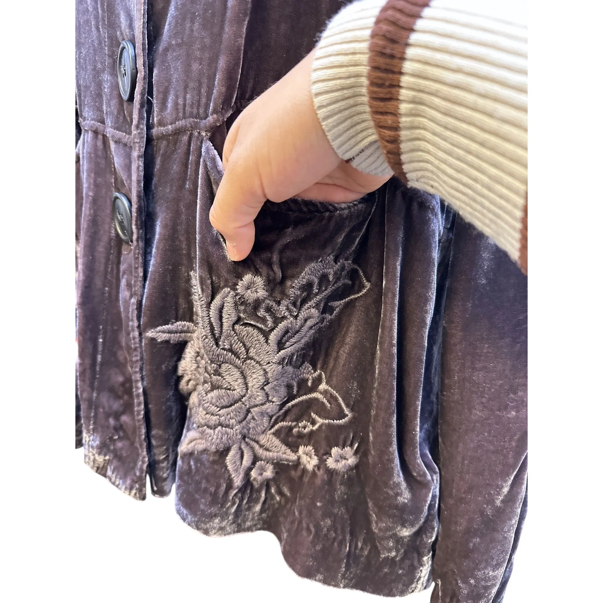 Johnny Was Bohemian Style Velvet Embroidered Jacket w/Floral & Chevron Patterns Size M
