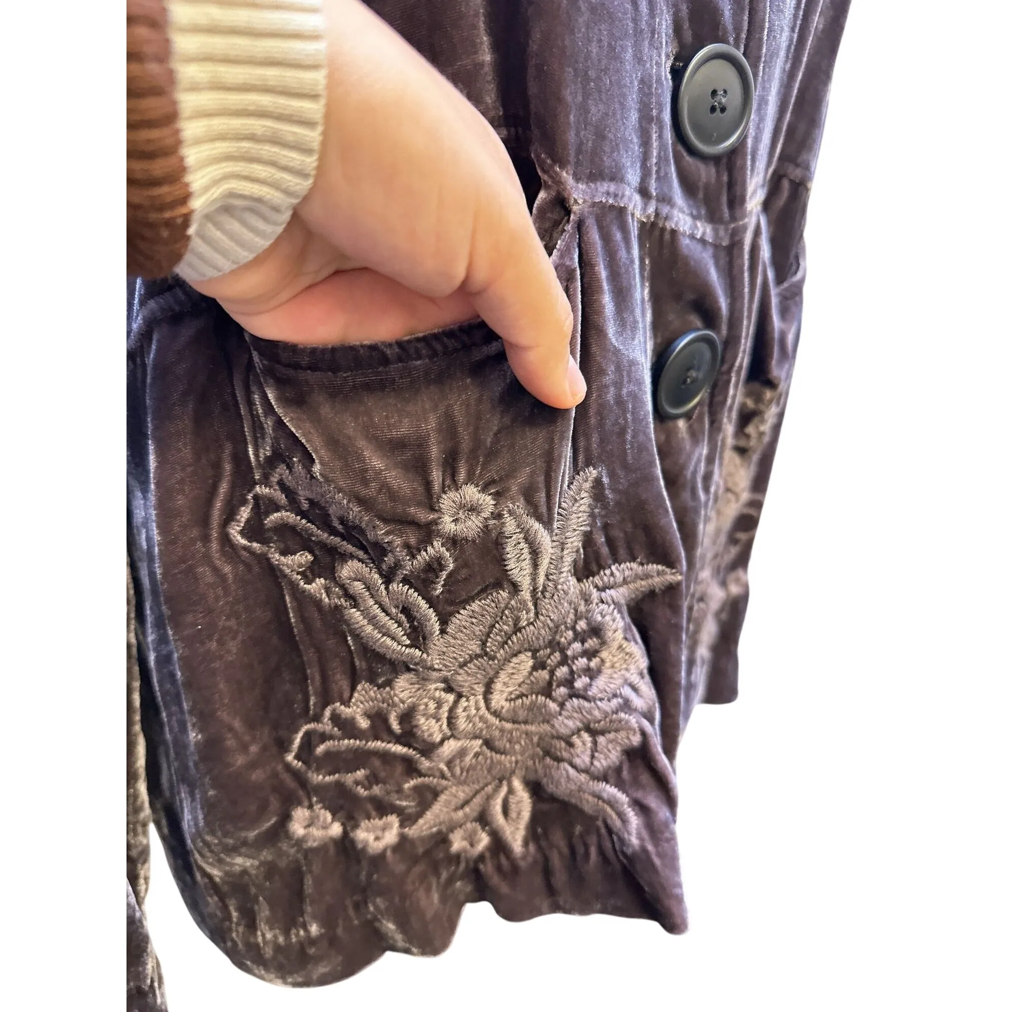 Johnny Was Bohemian Style Velvet Embroidered Jacket w/Floral & Chevron Patterns Size M