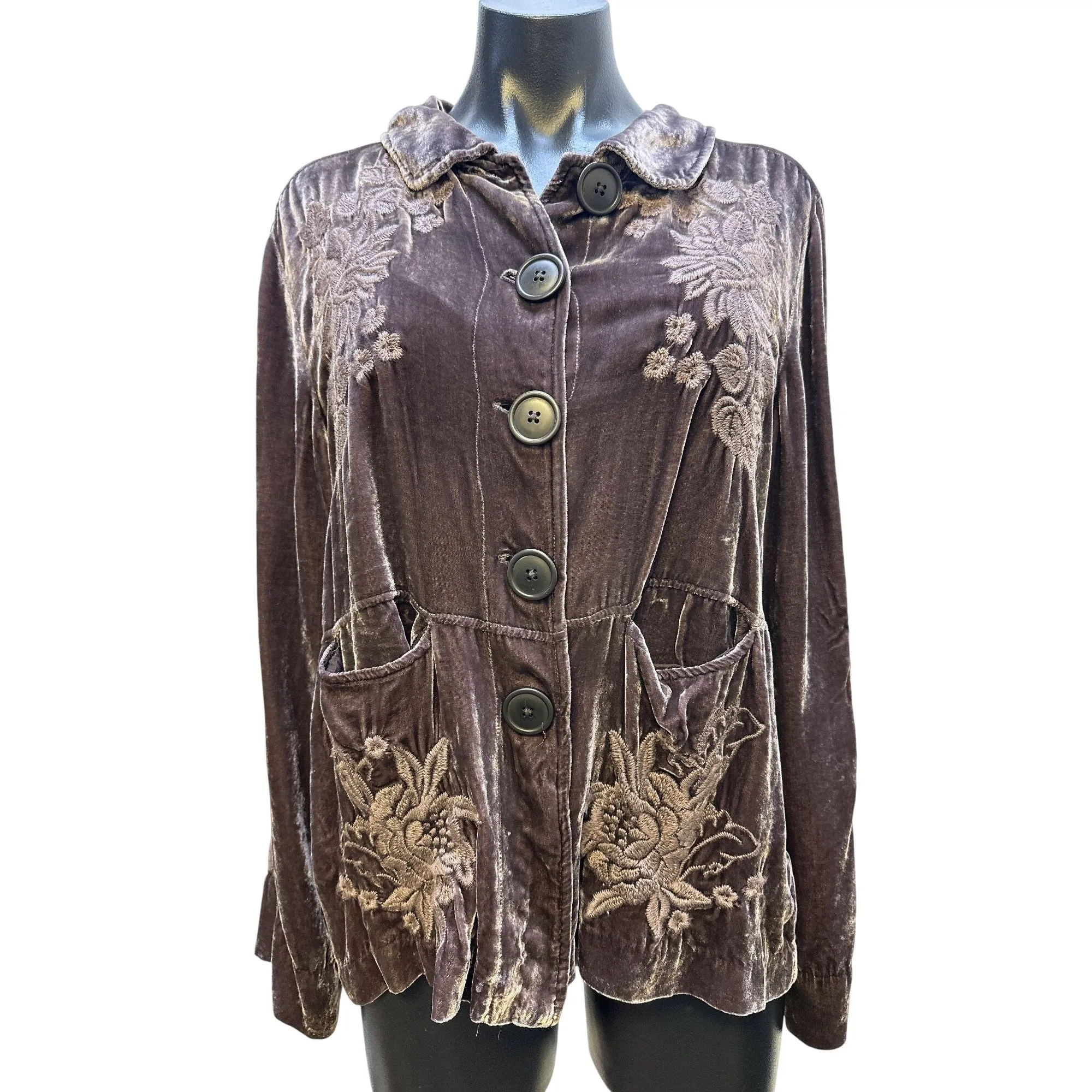 Johnny Was Bohemian Style Velvet Embroidered Jacket w/Floral & Chevron Patterns Size M