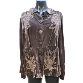 Johnny Was Bohemian Style Velvet Embroidered Jacket w/Floral & Chevron Patterns Size M