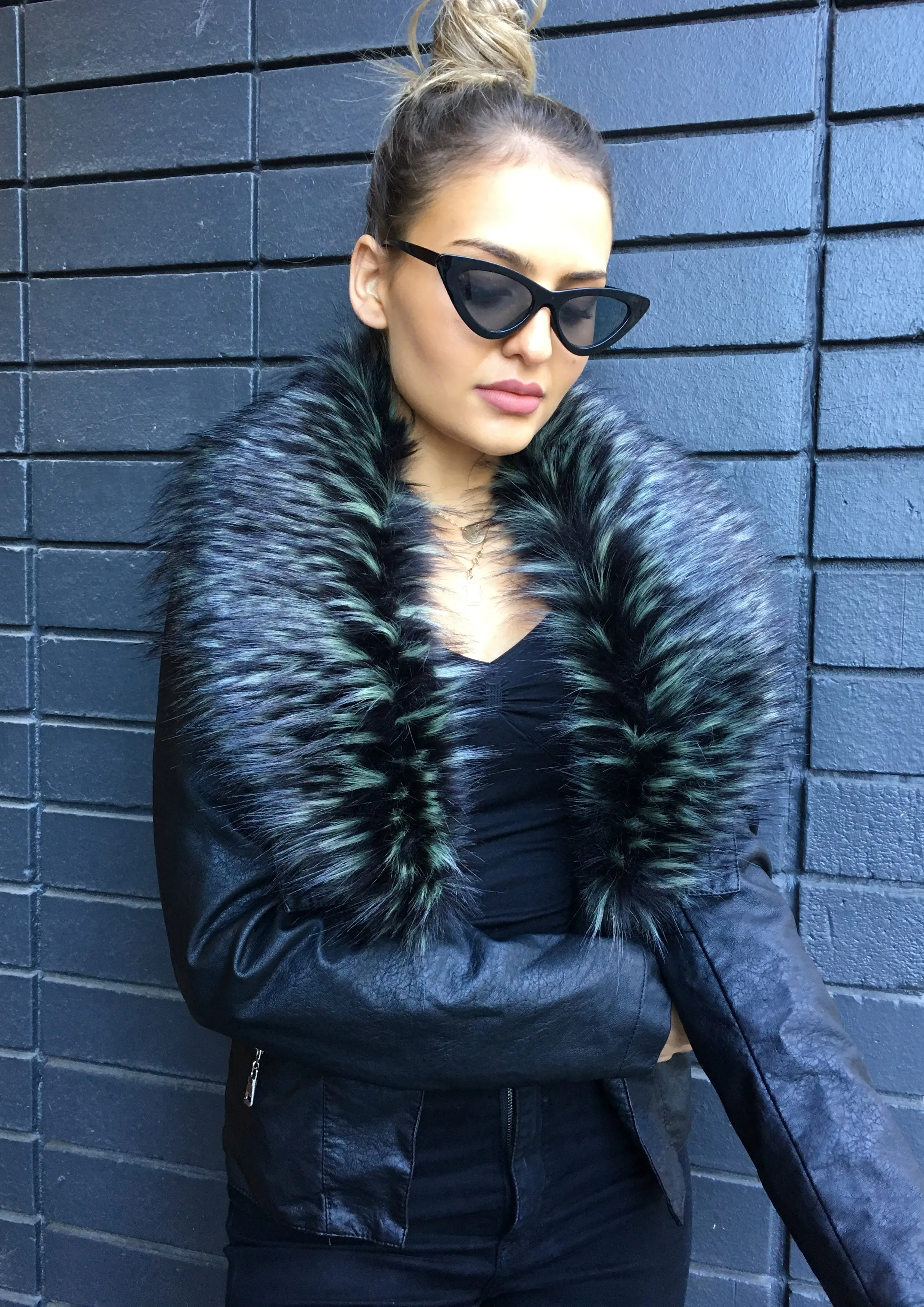 KF2016-609SS Faux Multicolour Fur Collar Leather Jacket (Pack)